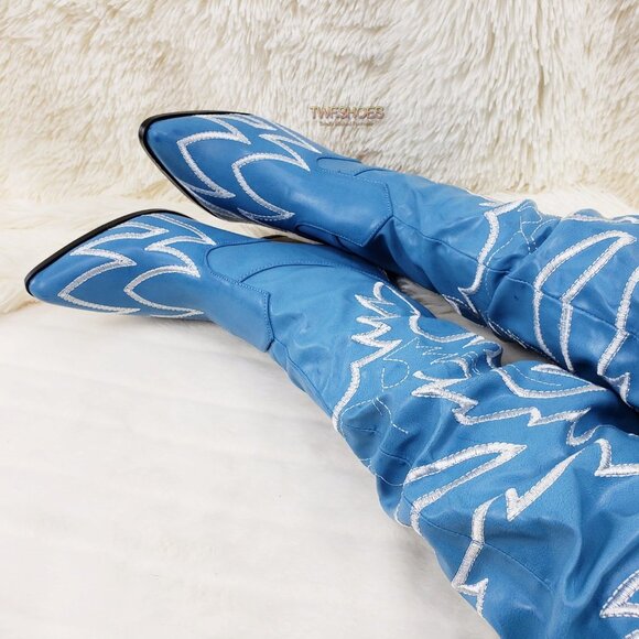 Turquoise Blue Embroidered White Western OTK Thigh High Slouch Cowboy Boots - Picture 7 of 15